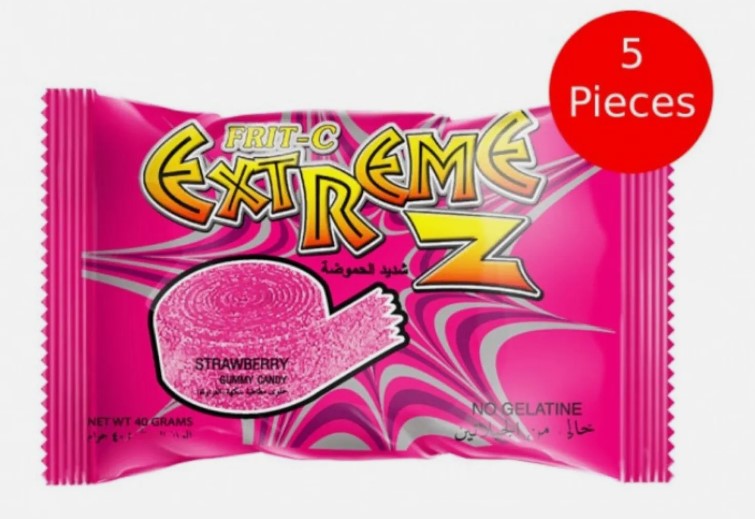 5 Pieces X Frit-C Extreme Z, Strawberry Flavor Chewy Sour Gummy Candy (40 Gram)
