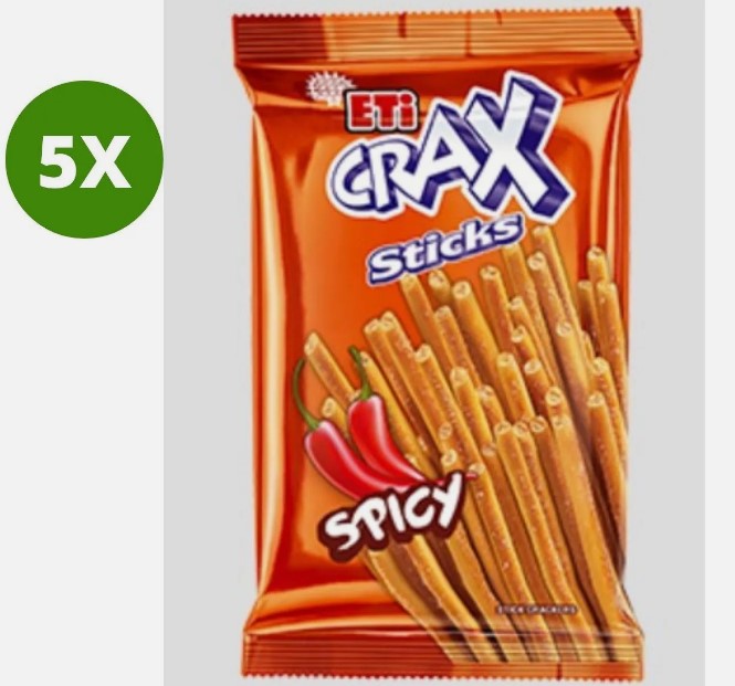 5 Pack X ETi Crax Spicy Flavor Biscuit Sticks (45 Gram)