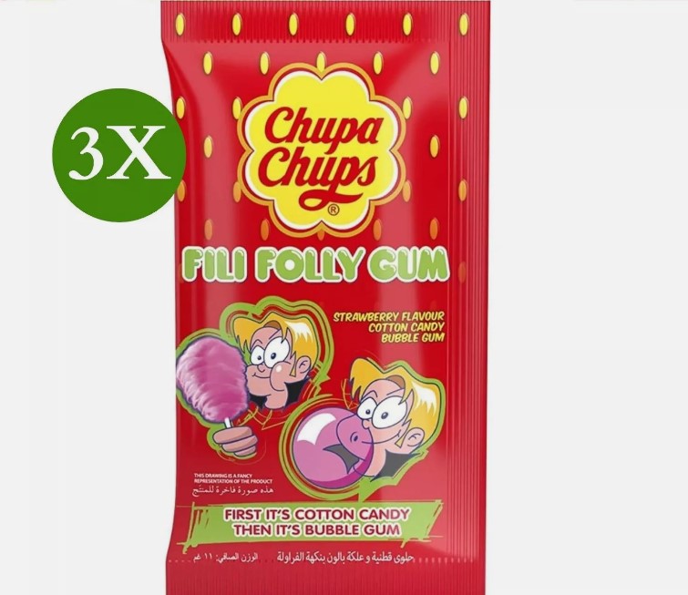 3 Pack x Chupa Chups Fili Folly Gum Cotton Candy Strawberry Flavor ( 11 gram)