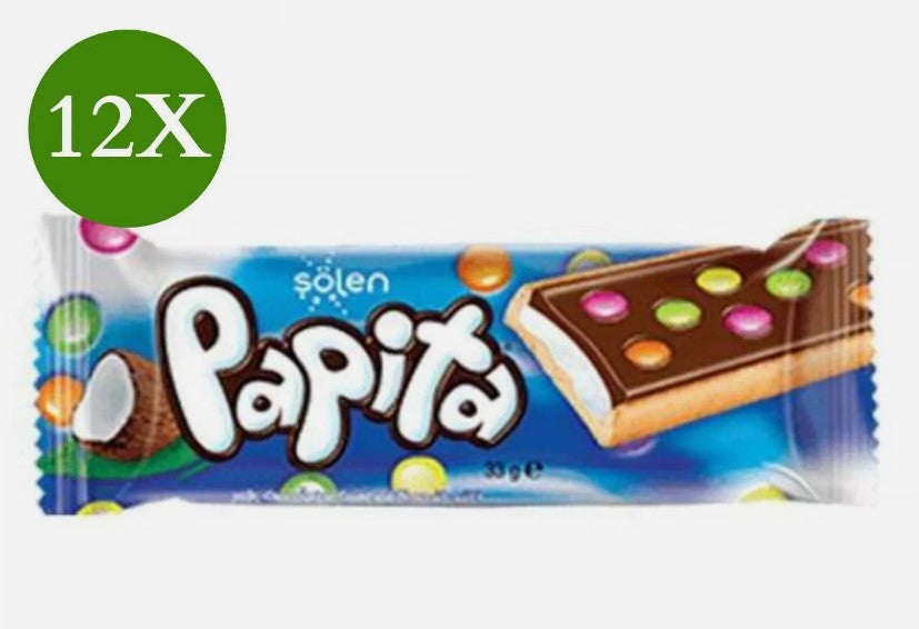 12 barX Solen Papita Milk Chocolate Bar Coated Biscuit, Coconut and dragee (33g)