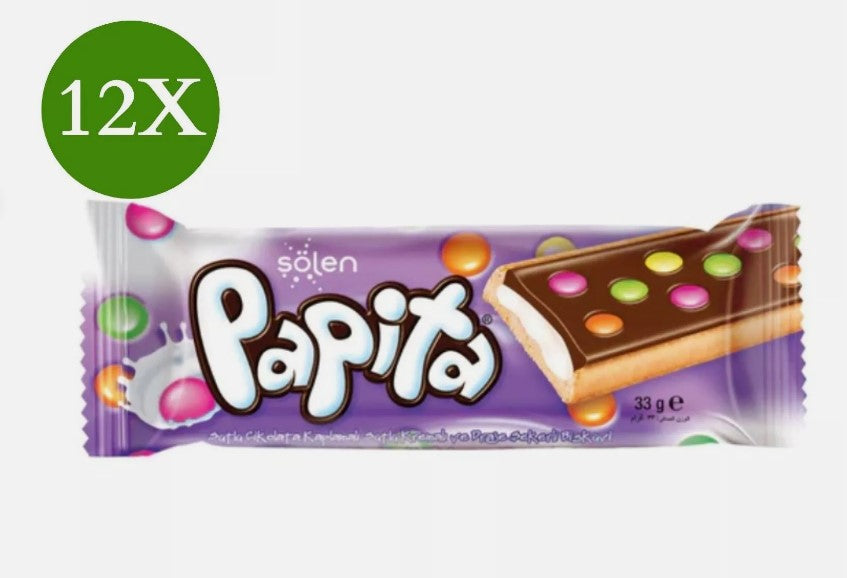 12 barX Solen Papita Milk Chocolate Bar Coated Biscuit, and dragee (33g)