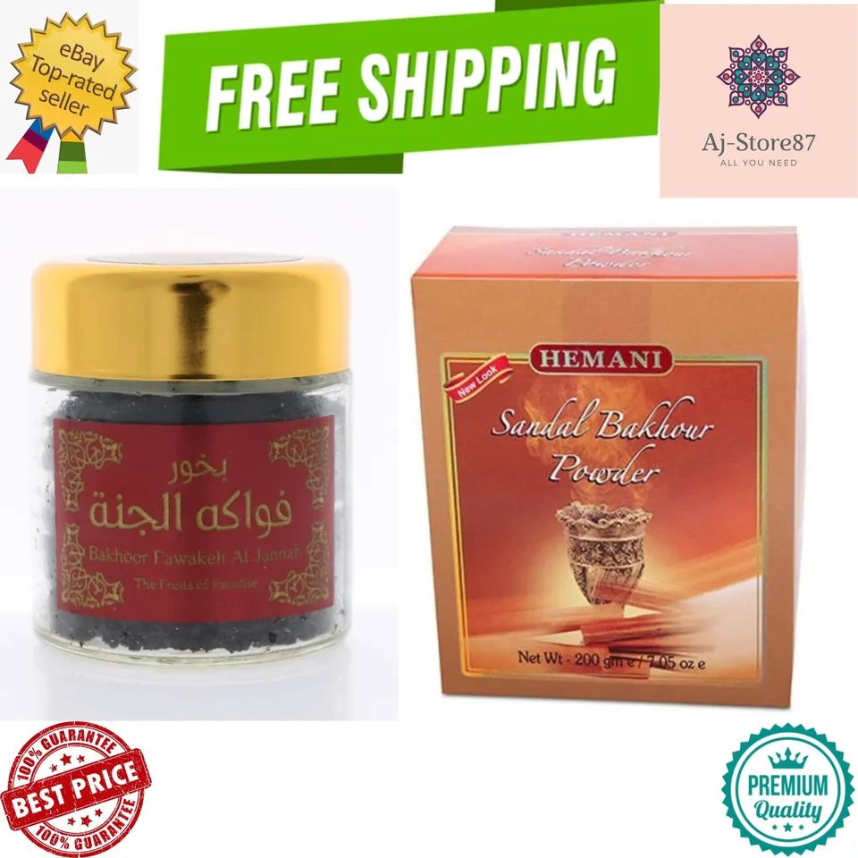 Hemani Sandal Bakhoor Powder +Hemani Bkhoor Fawakeh Al Jannah هيماني بخور